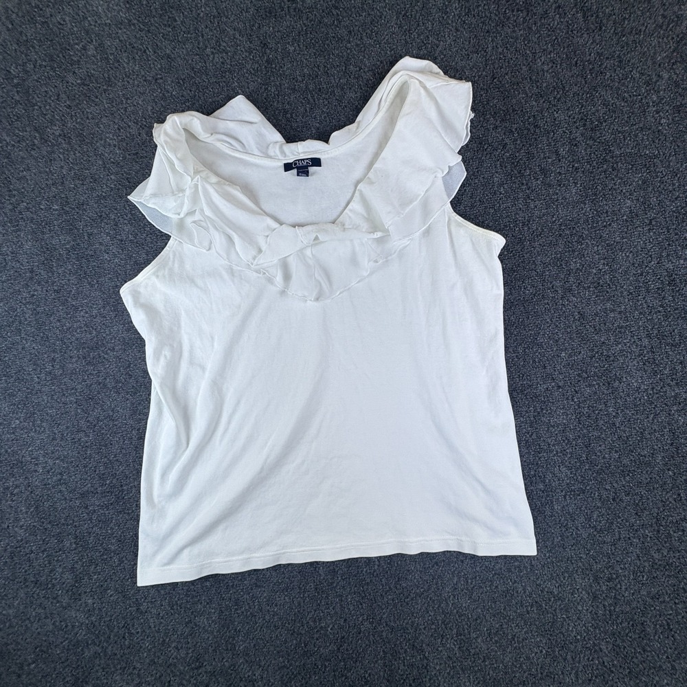 Chaps Blouse Top Womens 2X Plus White Ruffle V Neck Sleeveless Casual Pullover